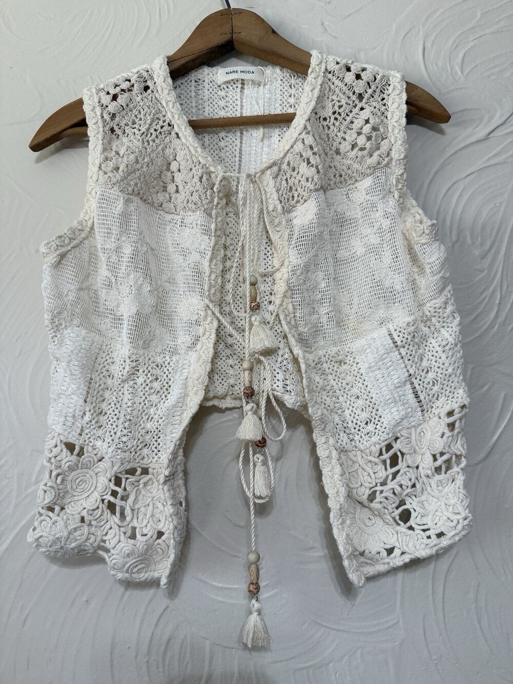 Nare Moda Boho Crochet Lace Tassel Tie Vest Ivory Size L